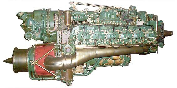 The Napier Nomad engine. The power-recovery turbine sits underneath a two-stroke diesel engine. 